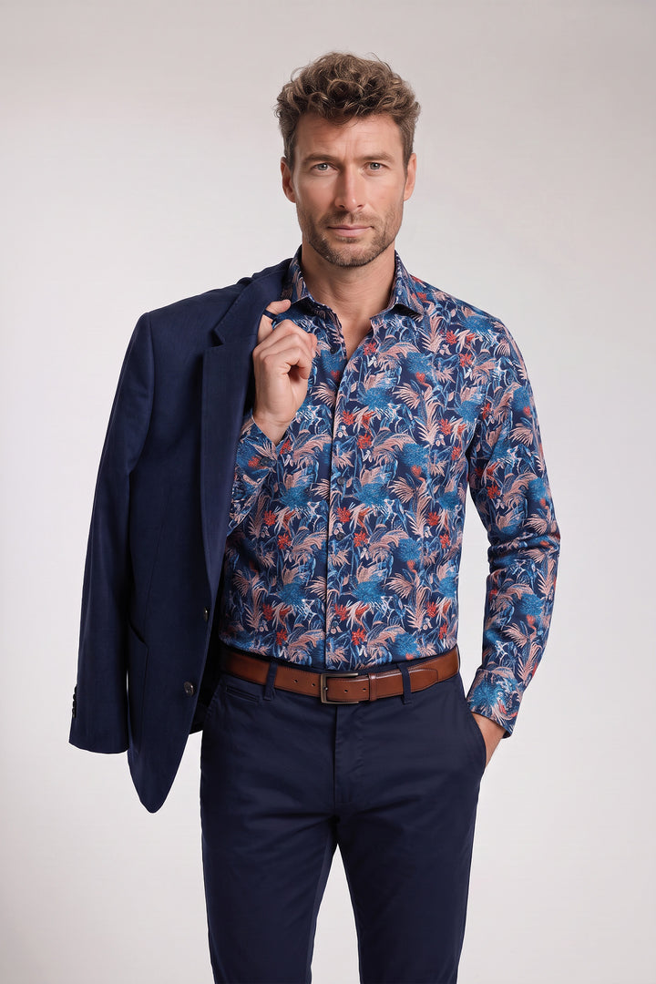 Locarno Semi Cutaway Bloemenprint Overhemd - Blauw