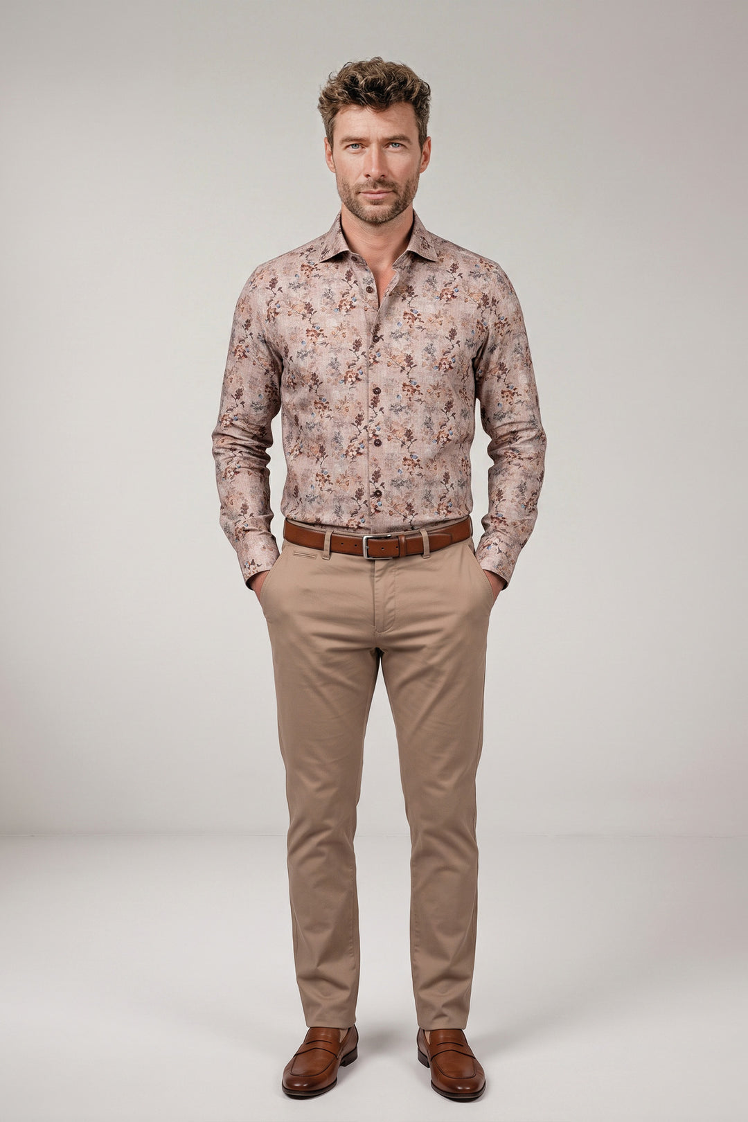 Maggiore Semi Cutaway Bloemenprint Overhemd - Beige