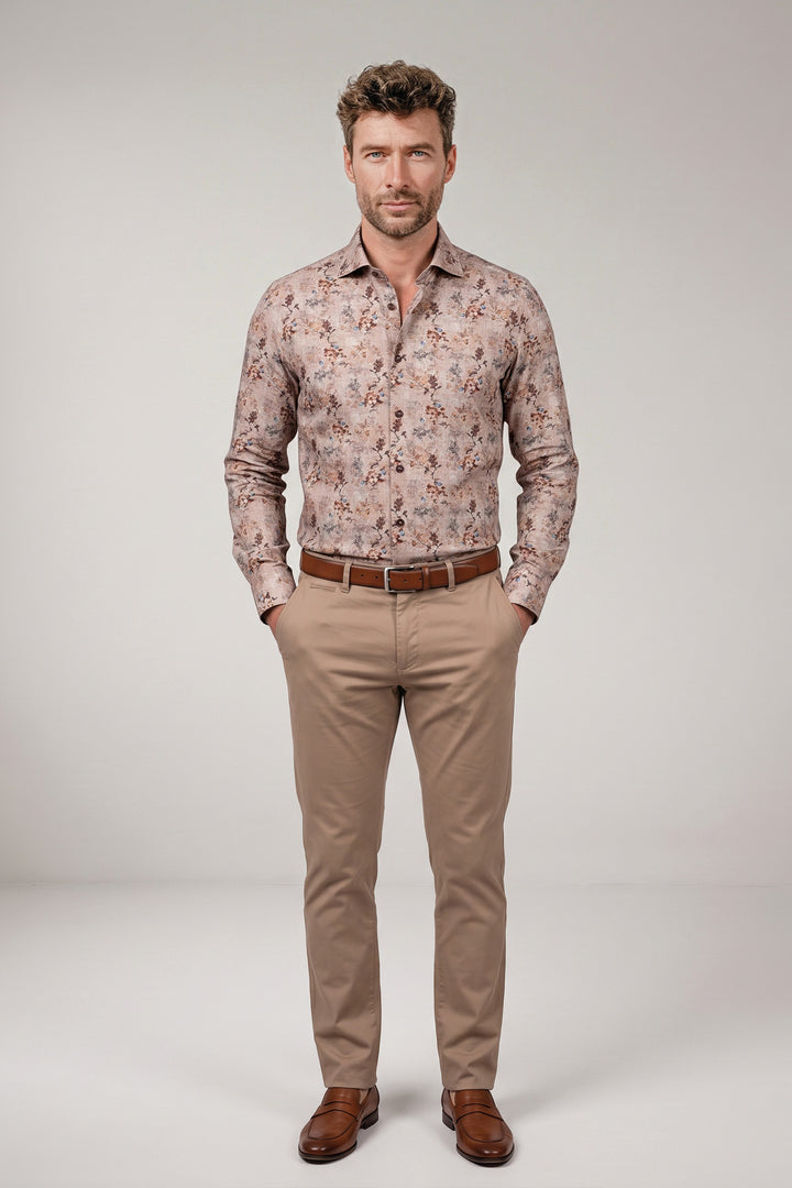 Maggiore Semi Cutaway Bloemenprint Overhemd - Beige