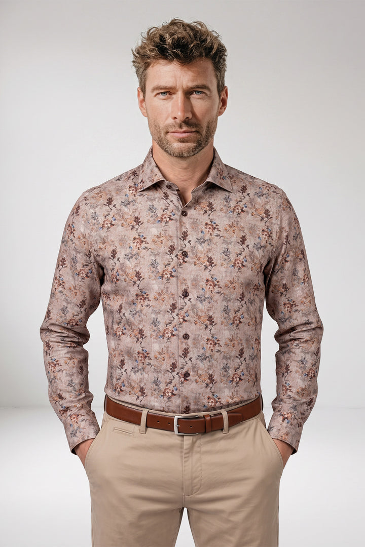 Maggiore Semi Cutaway Bloemenprint Overhemd - Beige
