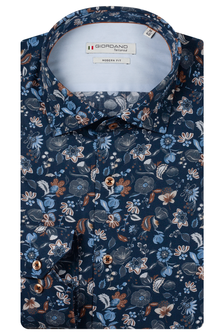 Locarno Semi Cutaway Print Overhemd - Blauw