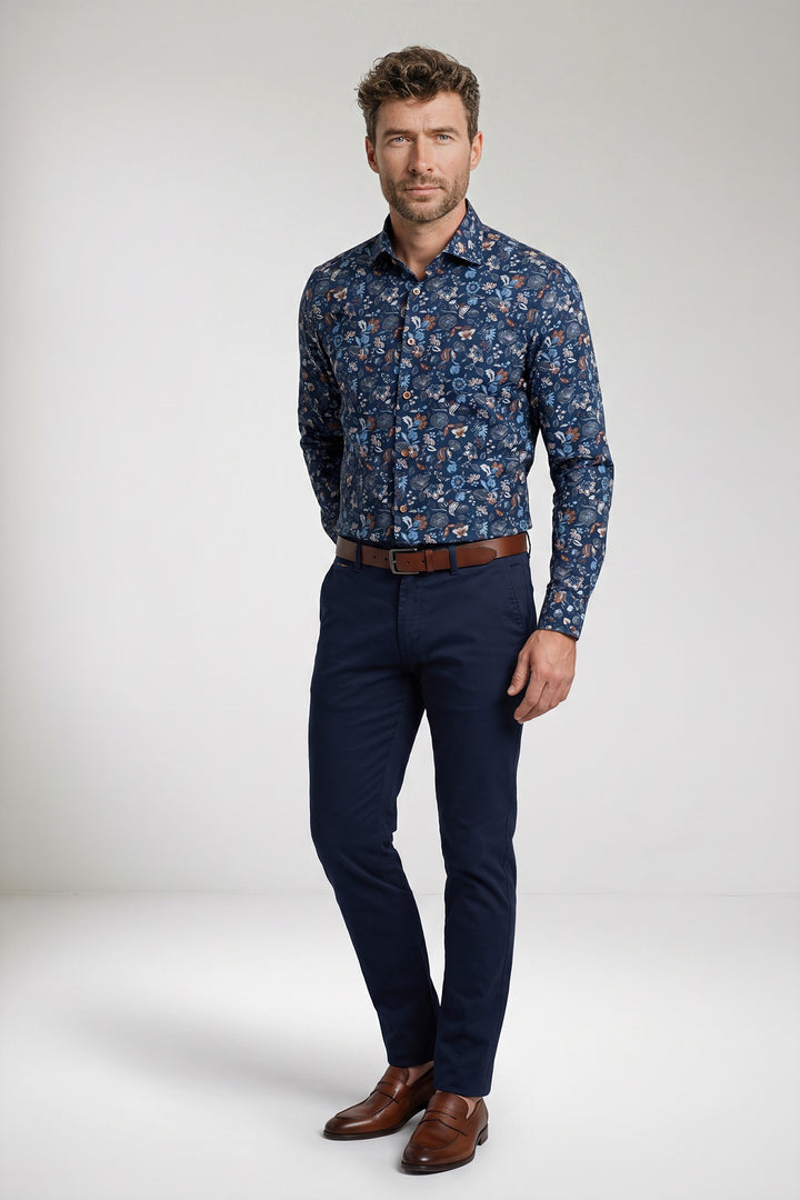 Locarno Semi Cutaway Print Overhemd - Blauw