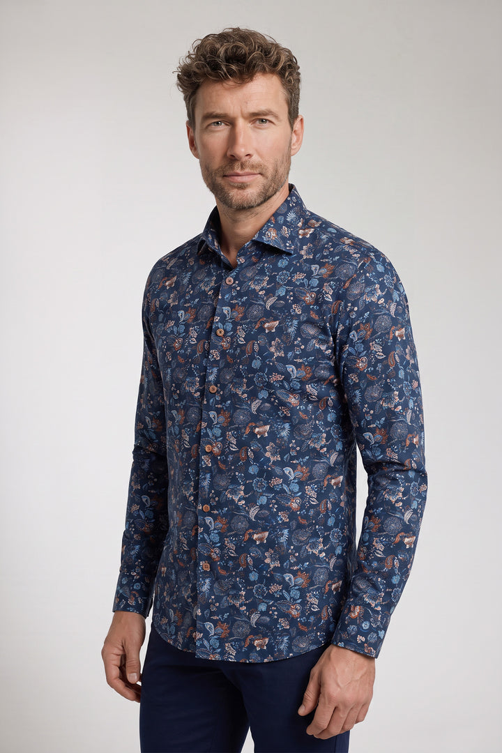 Locarno Semi Cutaway Print Overhemd - Blauw