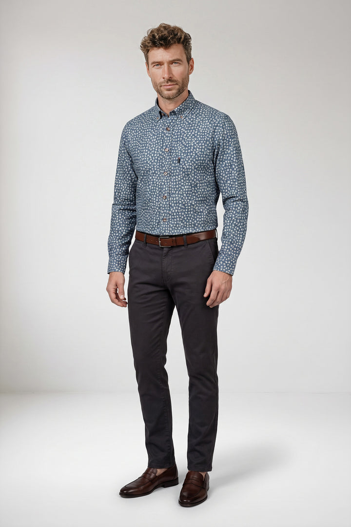 Dino Button Down Bloemenprint Overhemd - Blauw