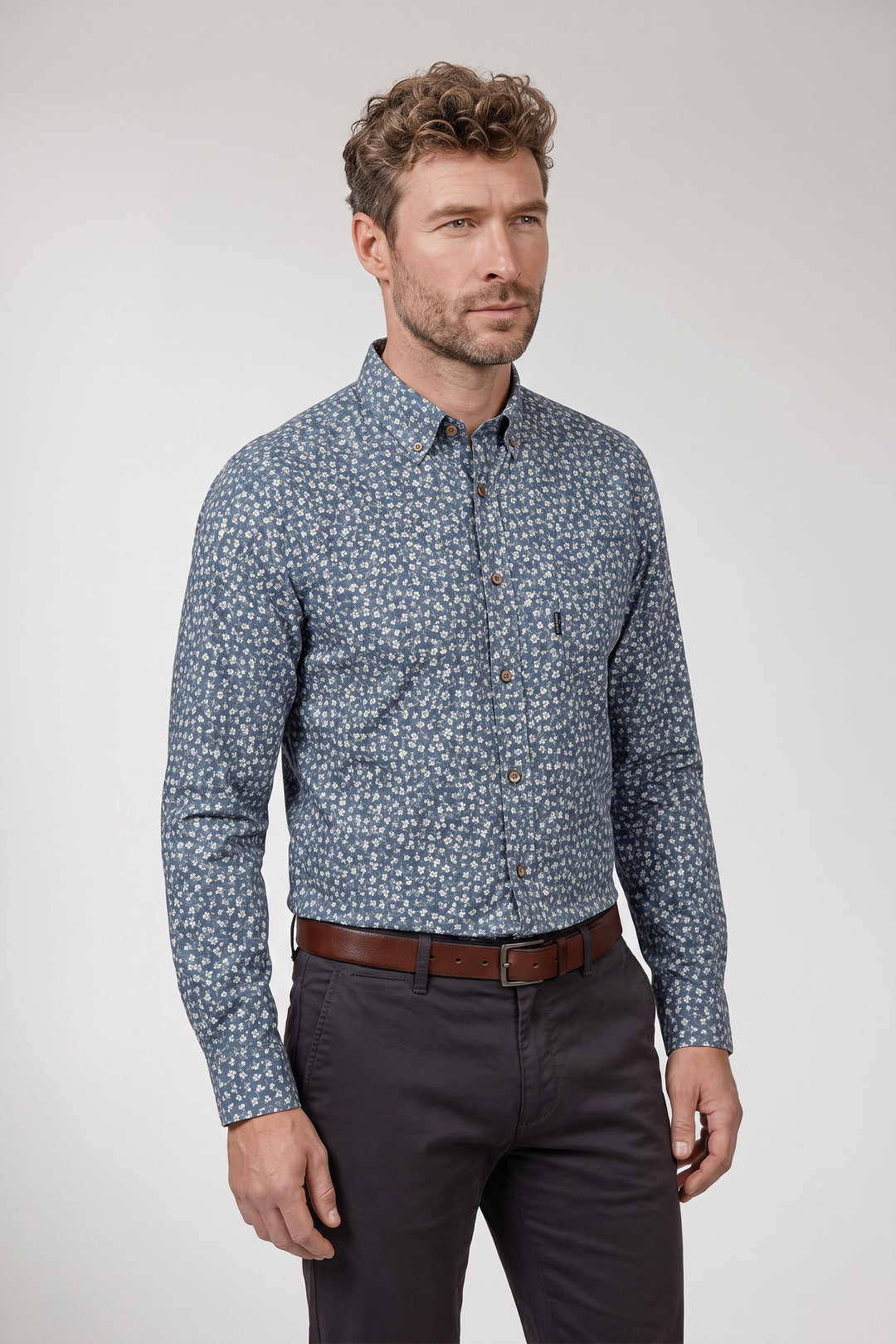Dino Button Down Bloemenprint Overhemd - Blauw