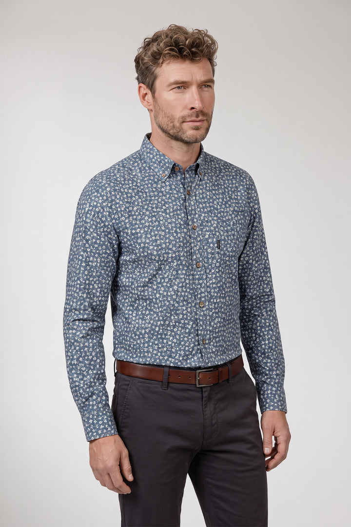 Dino Button Down Bloemenprint Overhemd - Blauw