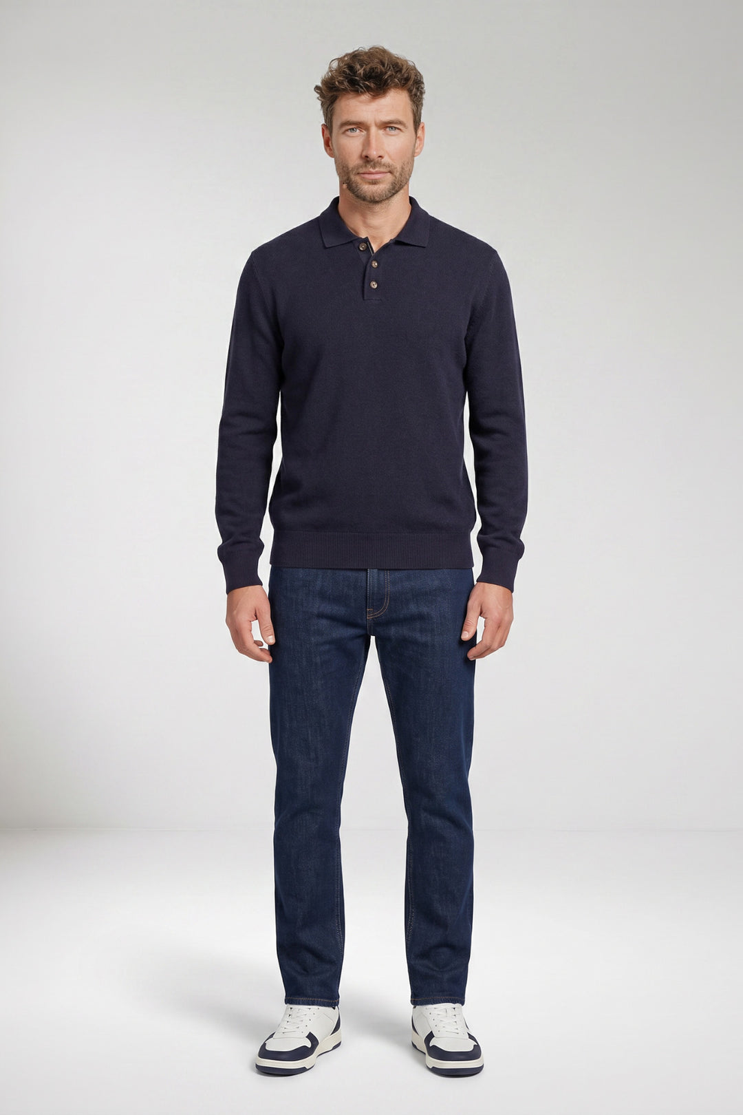 Monza Lamswollen Polo Pullover - Donkerblauw