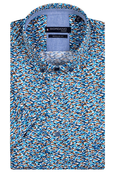 GIORDANO Blue Korte Mouw Button Down Print Overhemd 316040 24 - Overhemd - Giordano Casual - GIORDANO Blue Korte Mouw Button Down Print Overhemd 316040 24 - 316040/24/S