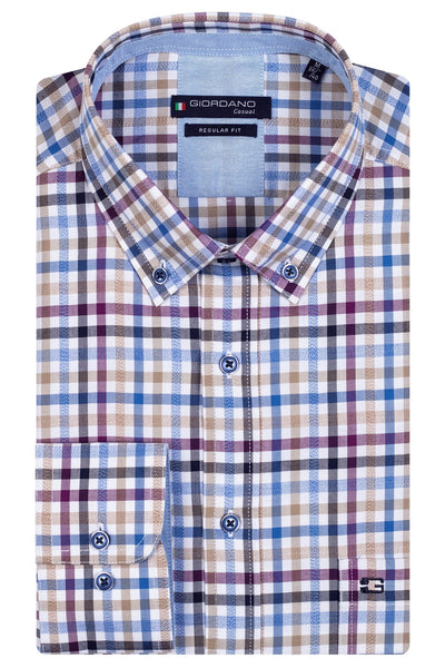 GIORDANO Paars Lange Mouw Regular fit Button Down Ruit Overhemd 317305 40 - Overhemd - Giordano Casual - GIORDANO Paars Lange Mouw Regular fit Button Down Ruit Overhemd 317305 40 - 317305/40/S