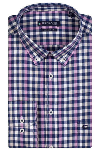 GIORDANO Paars Lange Mouw Regular fit Button Down Ruit Overhemd 317308 40 - Overhemd - Giordano Casual - GIORDANO Paars Lange Mouw Regular fit Button Down Ruit Overhemd 317308 40 - 317308/40/S